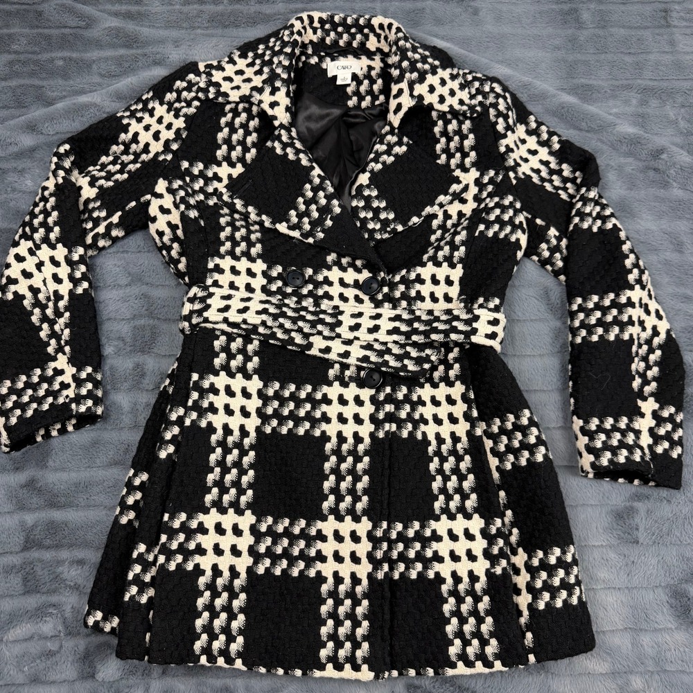 Cato Womens Black White Houndstooth Wool Blend Belted Pea Coat Jacket Small